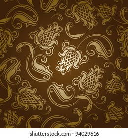 Seamless floral pattern. Beige flowers on a brown background. EPS10