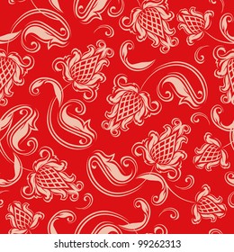 Seamless floral pattern. Beige flowers on a red background.