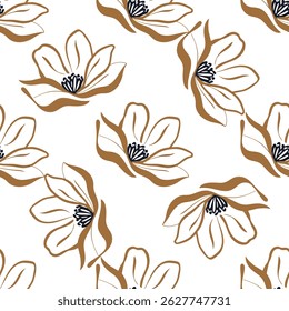 Seamless floral pattern with beige line art flowers and black centers on white background