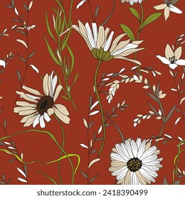 Seamless floral pattern with beige meadow daisy flowers on a burgundy background, textile vector repeat design