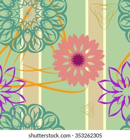 seamless floral pattern in beige stripes on a green background