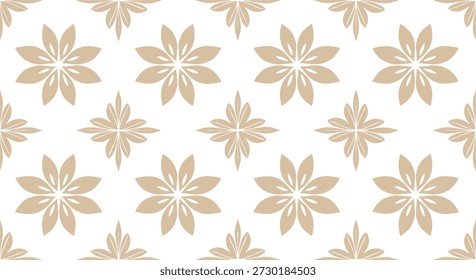 Seamless floral pattern with beige symmetrical petals, teardrop shapes, grid layout, decorative design, textile art, elegant motif, white background