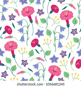Seamless floral pattern with bellflower, bindweed and leaves on white background. Perfect for summer greeting cards and wedding invitation