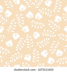 Seamless floral pattern with berries and leaves in soft beige and white colors