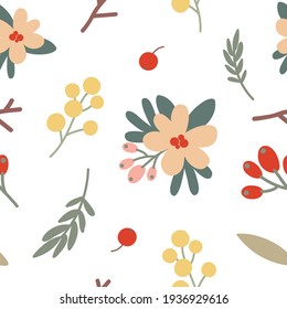 Patrón floral sin foco con bayas, hojas, flores blancas y amarillas sobre un fondo blanco. Textura vectorial. Diseño para papel tapiz, fondo web, texturas superficiales, textil, papel envolvente.