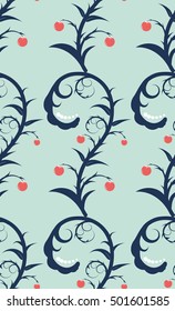 Seamless floral pattern with berries and leaves on blue background. Floral textile, floral wallpaper. Floral ornament. Seamless floral texture. Blinds seamless pattern. Textile, tissue seamless.