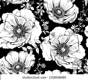Seamless floral pattern. Big Anemone flowers and herbs. Textile composition, hand drawn style print. Vector black and white illustration.