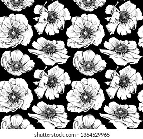  Patrón floral sin soldadura. Flores anémónicas grandes. Composición textil, impresión a mano. Ilustración vectorial en blanco y negro.