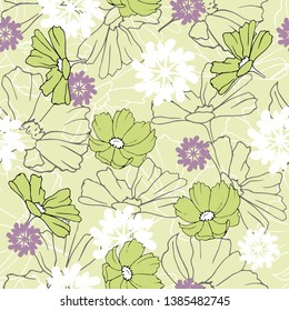 Seamless floral pattern with big daisies. Endless texture with painted flowers on a light green background.
Vintage floral texture for fabric, tile, wallpaper.
