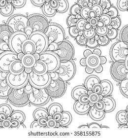 Seamless floral pattern with big decorative flowers  in white and black colors 
