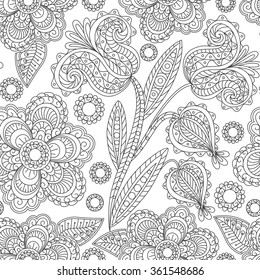 Seamless floral pattern with big decorative flowers in white and black colors 