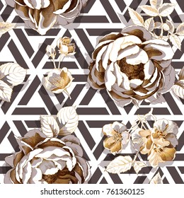 Seamless floral pattern. Big gold peony and cherry  flowers on a geometric background. Vector illustration.