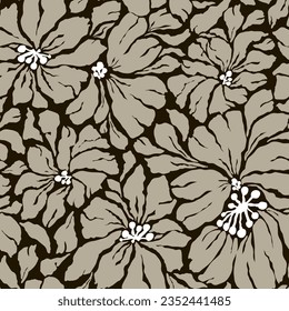 Seamless floral pattern with big hand drawn flowers. Botanical texture for fabric, textile. Vector monochrome endless background