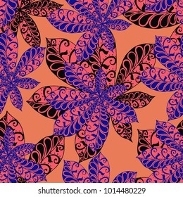 Seamless Floral Pattern with Big Leaves of Chestnut or Tropical Trees Hand Drawn in Zentangle Style. Exotic Abstract Pattern for Paper, Wrapping, Textile, Fabric. Vector.
