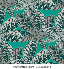 Seamless Floral Pattern with Big Leaves of Chestnut or Tropical Trees Hand Drawn in Zentangle Style. Exotic Abstract Pattern for Paper, Wrapping, Textile, Fabric. Vector.