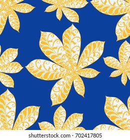 Seamless Floral Pattern with Big Leaves of Chestnut or Tropical Trees Hand Drawn in Zentangle Style. Exotic Abstract Pattern for Paper, Wrapping, Textile, Fabric. Vector.