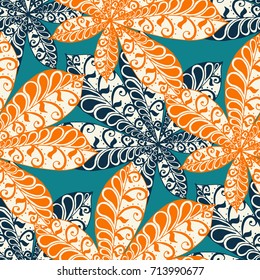 Seamless Floral Pattern with Big Leaves of Chestnut or Tropical Trees Hand Drawn in Zentangle Style. Exotic Abstract Pattern for Paper, Wrapping, Textile, Fabric. Vector.