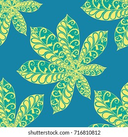 Seamless Floral Pattern with Big Leaves of Chestnut or Tropical Trees Hand Drawn in Zentangle Style. Exotic Abstract Pattern for Paper, Wrapping, Textile, Fabric. Vector.