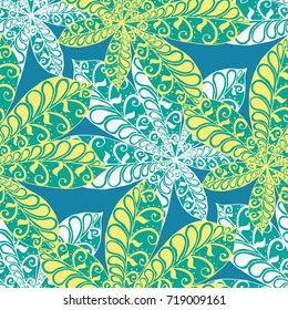 Seamless Floral Pattern with Big Leaves of Chestnut or Tropical Trees Hand Drawn in Zentangle Style. Exotic Abstract Pattern for Paper, Wrapping, Textile, Fabric. Vector.