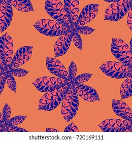 Seamless Floral Pattern with Big Leaves of Chestnut or Tropical Trees Hand Drawn in Zentangle Style. Exotic Abstract Pattern for Paper, Wrapping, Textile, Fabric. Vector.