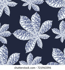 Seamless Floral Pattern with Big Leaves of Chestnut or Tropical Trees Hand Drawn in Zentangle Style. Exotic Abstract Pattern for Paper, Wrapping, Textile, Fabric. Vector.