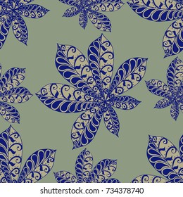 Seamless Floral Pattern with Big Leaves of Chestnut or Tropical Trees Hand Drawn in Zentangle Style. Exotic Abstract Pattern for Paper, Wrapping, Textile, Fabric. Vector.