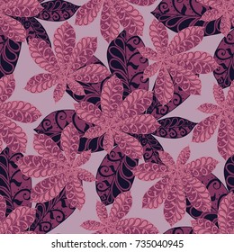 Seamless Floral Pattern with Big Leaves of Chestnut or Tropical Trees Hand Drawn in Zentangle Style. Exotic Abstract Pattern for Paper, Wrapping, Textile, Fabric. Vector.