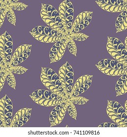 Seamless Floral Pattern with Big Leaves of Chestnut or Tropical Trees Hand Drawn in Zentangle Style. Exotic Abstract Pattern for Paper, Wrapping, Textile, Fabric. Vector.