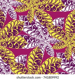Seamless Floral Pattern with Big Leaves of Chestnut or Tropical Trees Hand Drawn in Zentangle Style. Exotic Abstract Pattern for Paper, Wrapping, Textile, Fabric. Vector.