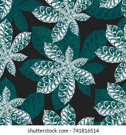 Seamless Floral Pattern with Big Leaves of Chestnut or Tropical Trees Hand Drawn in Zentangle Style. Exotic Abstract Pattern for Paper, Wrapping, Textile, Fabric. Vector.