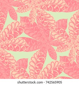Seamless Floral Pattern with Big Leaves of Chestnut or Tropical Trees Hand Drawn in Zentangle Style. Exotic Abstract Pattern for Paper, Wrapping, Textile, Fabric. Vector.