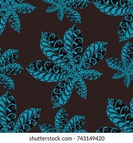 Seamless Floral Pattern with Big Leaves of Chestnut or Tropical Trees Hand Drawn in Zentangle Style. Exotic Abstract Pattern for Paper, Wrapping, Textile, Fabric. Vector.