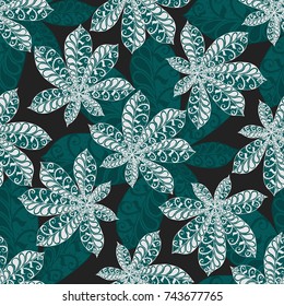 Seamless Floral Pattern with Big Leaves of Chestnut or Tropical Trees Hand Drawn in Zentangle Style. Exotic Abstract Pattern for Paper, Wrapping, Textile, Fabric. Vector.