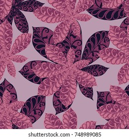 Seamless Floral Pattern with Big Leaves of Chestnut or Tropical Trees Hand Drawn in Zentangle Style. Exotic Abstract Pattern for Paper, Wrapping, Textile, Fabric. Vector.
