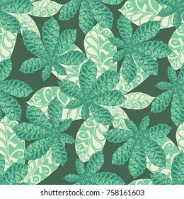 Seamless Floral Pattern with Big Leaves of Chestnut or Tropical Trees Hand Drawn in Zentangle Style. Exotic Abstract Pattern for Paper, Wrapping, Textile, Fabric. Vector.