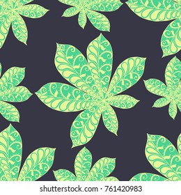 Seamless Floral Pattern with Big Leaves of Chestnut or Tropical Trees Hand Drawn in Zentangle Style. Exotic Abstract Pattern for Paper, Wrapping, Textile, Fabric. Vector.