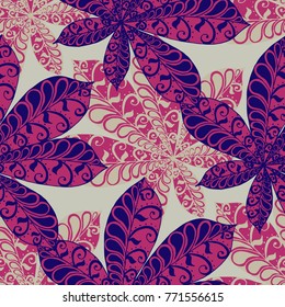 Seamless Floral Pattern with Big Leaves of Chestnut or Tropical Trees Hand Drawn in Zentangle Style. Exotic Abstract Pattern for Paper, Wrapping, Textile, Fabric. Vector.