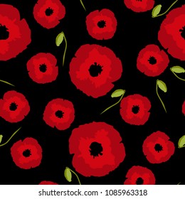 Seamless floral pattern big and small red Poppies flowers silhouette with bud isolated on black background, summer style, vector eps 10