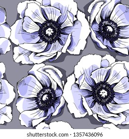 Seamless floral pattern. Big violet Anemone flowers on a gray background. Textile composition, hand drawn style print. Vector illustration.