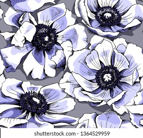 Seamless floral pattern. Big violet Anemone flowers on a gray background. Textile composition, hand drawn style print. Vector illustration.