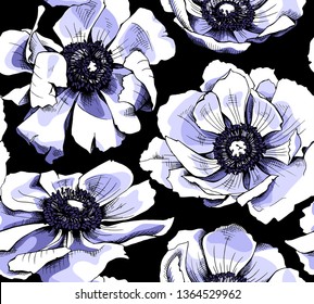 Seamless floral pattern. Big violet Anemone flowers on a black background. Textile composition, hand drawn style print. Vector illustration.