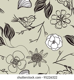 Seamless floral pattern with bird