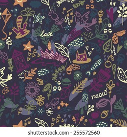 Seamless floral pattern with bird and cat