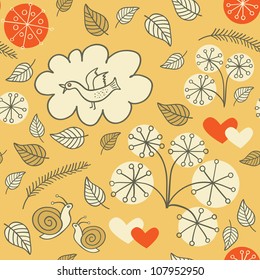 Seamless floral pattern with a bird flying and hearts. Hand drawing.