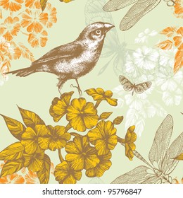 Seamless floral pattern with a bird flying butterflies and dragonflies. Hand drawing. Vector.