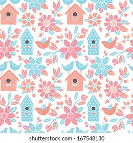 Seamless floral pattern with  birdhouses