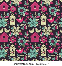 Seamless floral pattern with  birdhouses