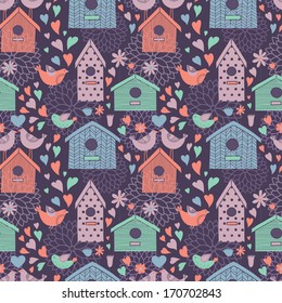 Seamless floral pattern with  birdhouses