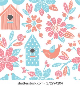 Seamless floral pattern with  birdhouses