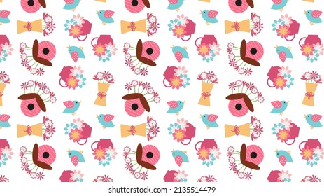 Seamless floral pattern with birdhouses